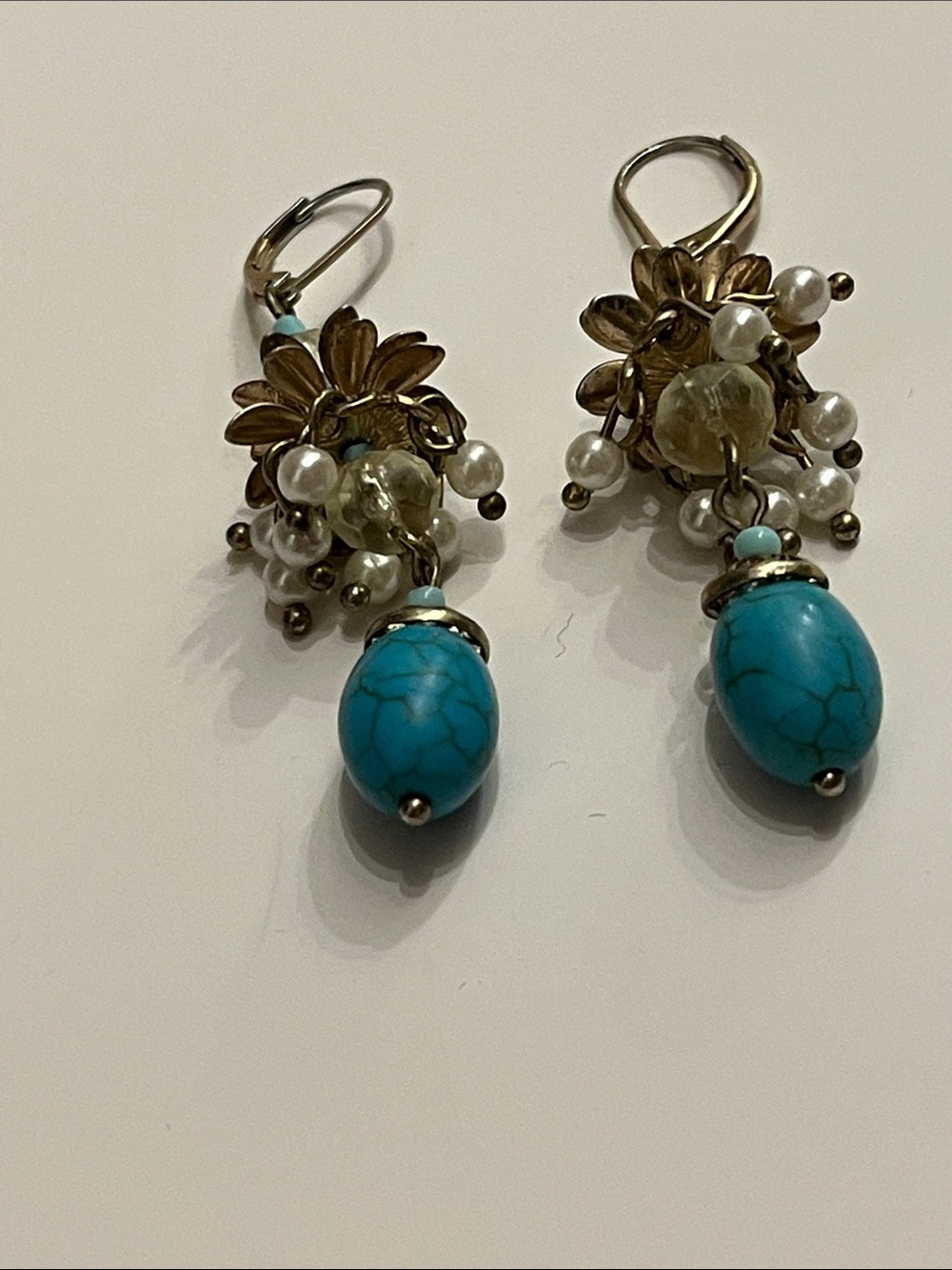 Talbots Turquoise Cluster Drop Earrings with Faux Pearls and Crystal Beads - Picture 5 of 12